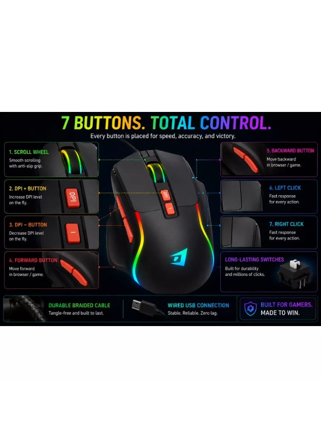 جيرتك فأرة الألعاب السلكية JR850 PULSE RGB - تصميم مريح، 7 أزرار، دقة قابلة للتعديل تصل إلى 4800 نقطة في البوصة (رمادي أسود) - Image 5