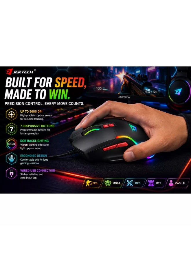 جيرتك فأرة الألعاب السلكية JR850 PULSE RGB - تصميم مريح، 7 أزرار، دقة قابلة للتعديل تصل إلى 4800 نقطة في البوصة (رمادي أسود) - Image 2