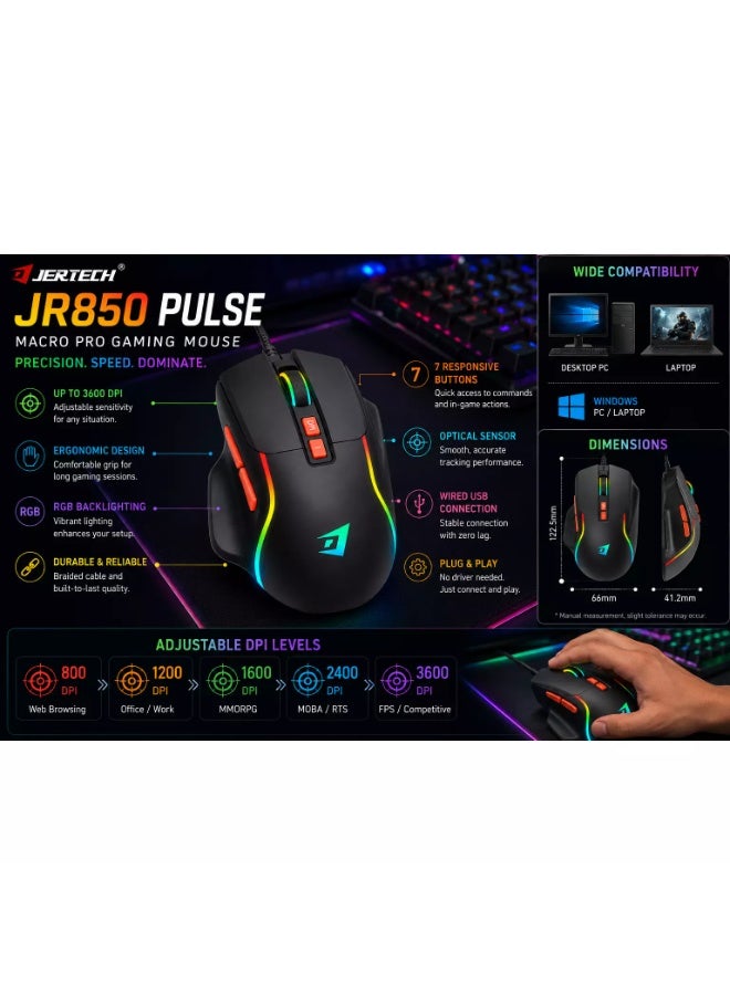 جيرتك فأرة الألعاب السلكية JR850 PULSE RGB - تصميم مريح، 7 أزرار، دقة قابلة للتعديل تصل إلى 4800 نقطة في البوصة (رمادي أسود) - Image 4
