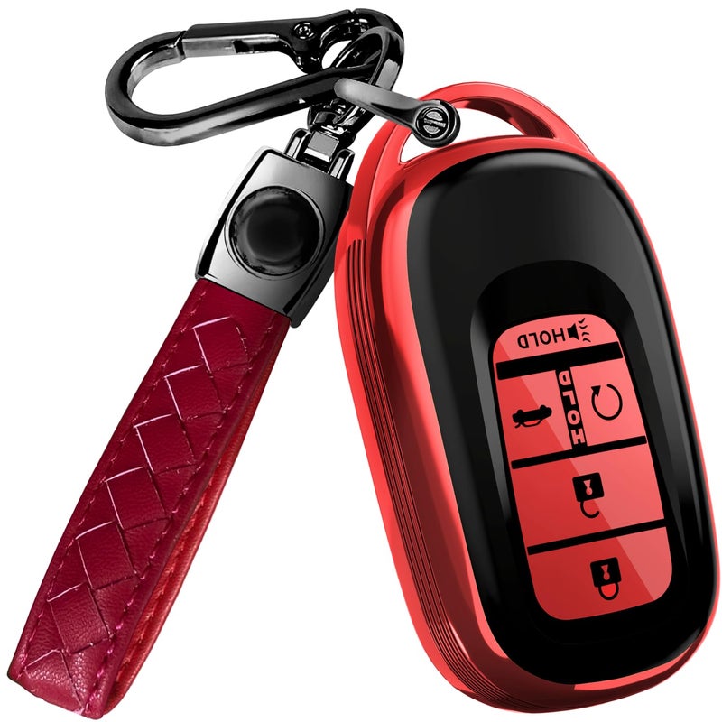 Lucrum Compatible with Honda Key Fob Cover & Leather Keychain - TPU Keyfob Case for Accord Civic CR-V HR-V Pilot Ridgeline, For 5 Button Remote (2022-2026) - Red and Black - Image 1