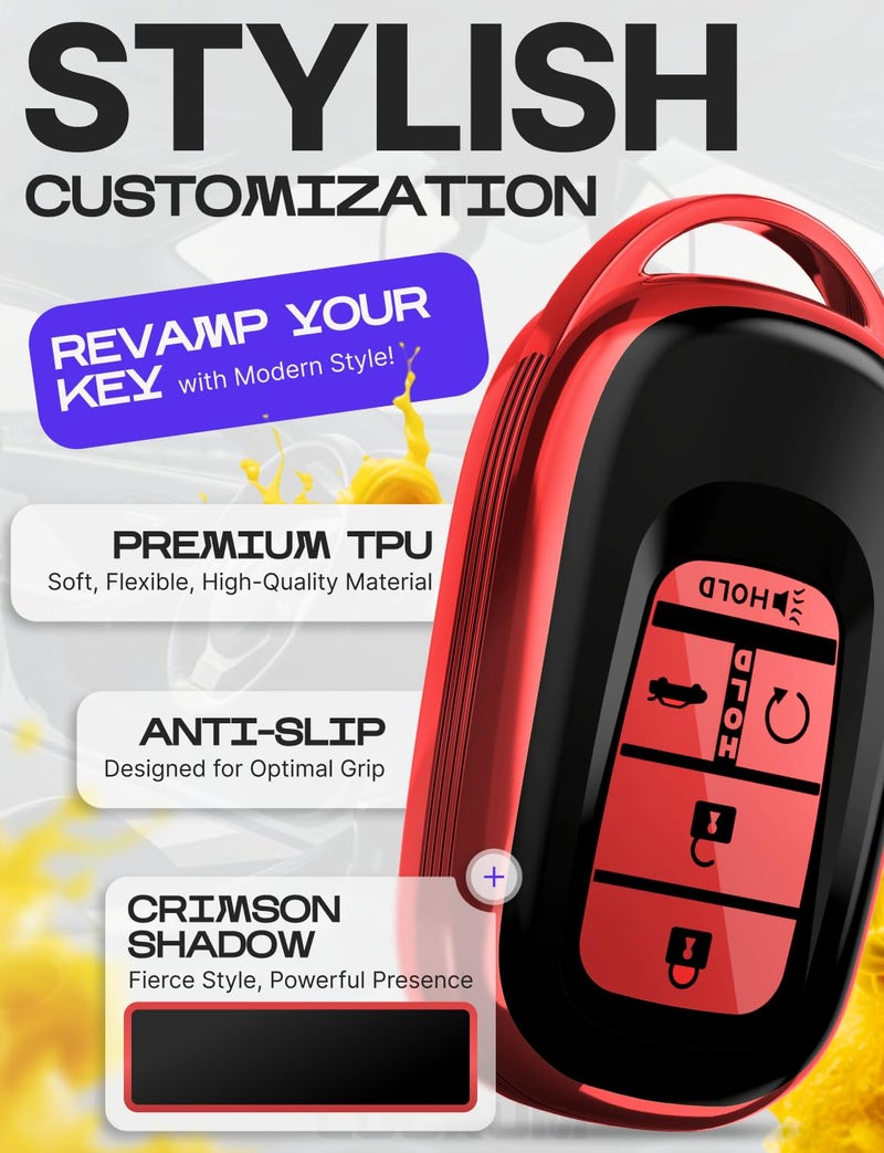 Lucrum Compatible with Honda Key Fob Cover & Leather Keychain - TPU Keyfob Case for Accord Civic CR-V HR-V Pilot Ridgeline, For 5 Button Remote (2022-2026) - Red and Black - Image 3