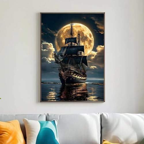 ckdiluy Pirate Ship Diamond Art Kits for Adults,5D Moonlight Full Round Drill Diamond Painting Kits for Adults Beginners,DIY Diamond Painting Gem Art Kits for Gift Home Wall Decor 12x16inch - Image 4