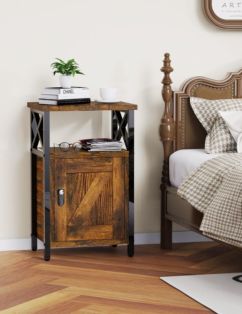 runjuly Night Stand with Locking Drawer, Bedside Table with Drawers, Wooden Bed Side Table with Storage Cabinet, Nightstand with Door, End Night Table for Bedroom, Dorm, Office, Rustic Brown - Image 2