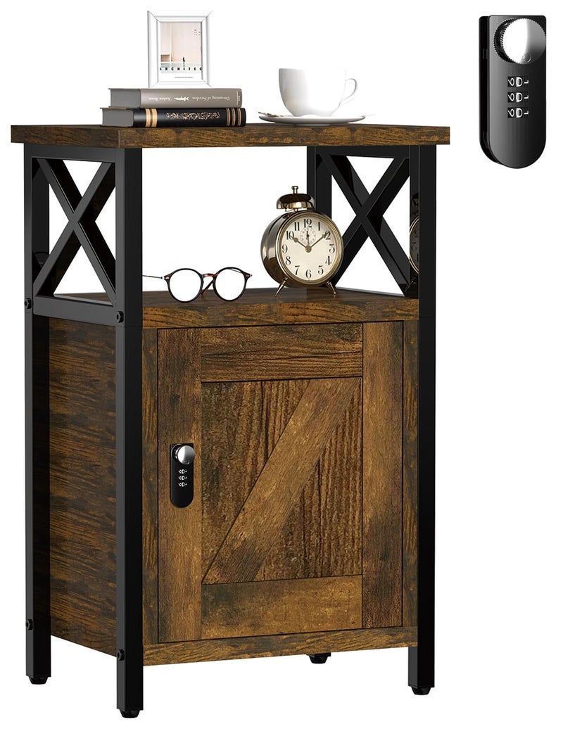 runjuly Night Stand with Locking Drawer, Bedside Table with Drawers, Wooden Bed Side Table with Storage Cabinet, Nightstand with Door, End Night Table for Bedroom, Dorm, Office, Rustic Brown - Image 1