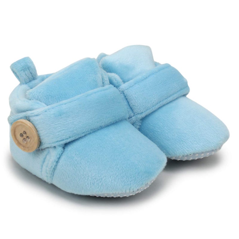 Superminis unisex-baby Velvet Soft Base Booties/Shoes With Wooden Button 0-6 Months Sky Blue - Image 1