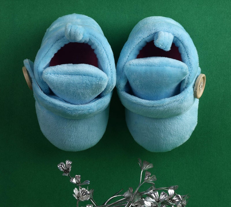 Superminis unisex-baby Velvet Soft Base Booties/Shoes With Wooden Button 0-6 Months Sky Blue - Image 3