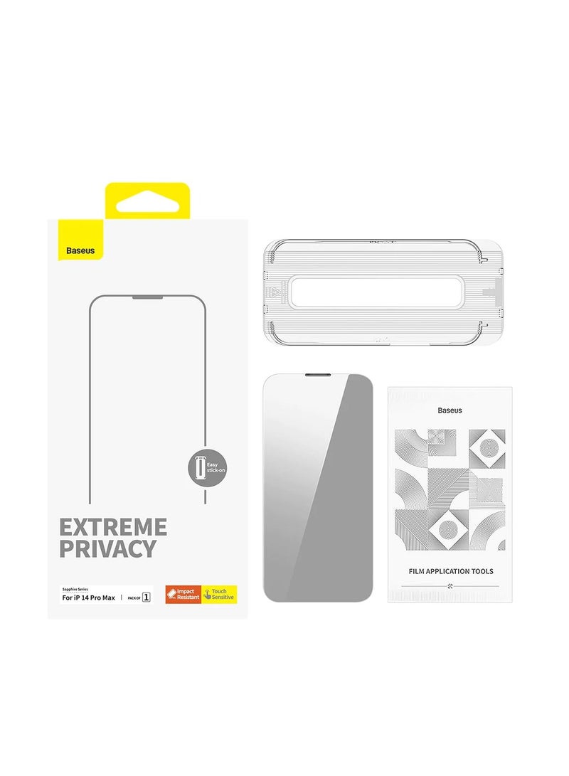 بيسوس واقي شاشة من الزجاج المقوى لحماية الخصوصية من OS-Baseus Sapphire Series (مع فلتر غبار) لجهاز iP 13 Pro Max/14 Plus، شفاف (عبوة من قطعة واحدة، مع مجموعة تنظيف وأداة تثبيت مقاومة للغبار) - Image 1