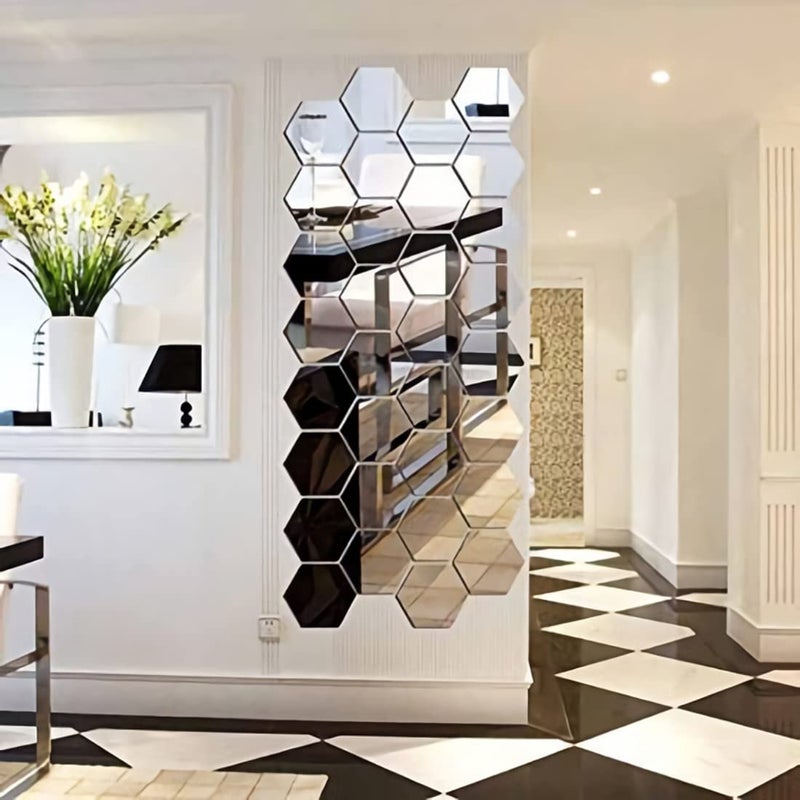 WallDaddy Mirror Finish Plastic Sticker Size (12x10) Cm Each Hexagon Pack of 32 for Bedroom, Drawing Room, Kids Room, Walls, Doors, Mirror, Furniture etc - Image 5