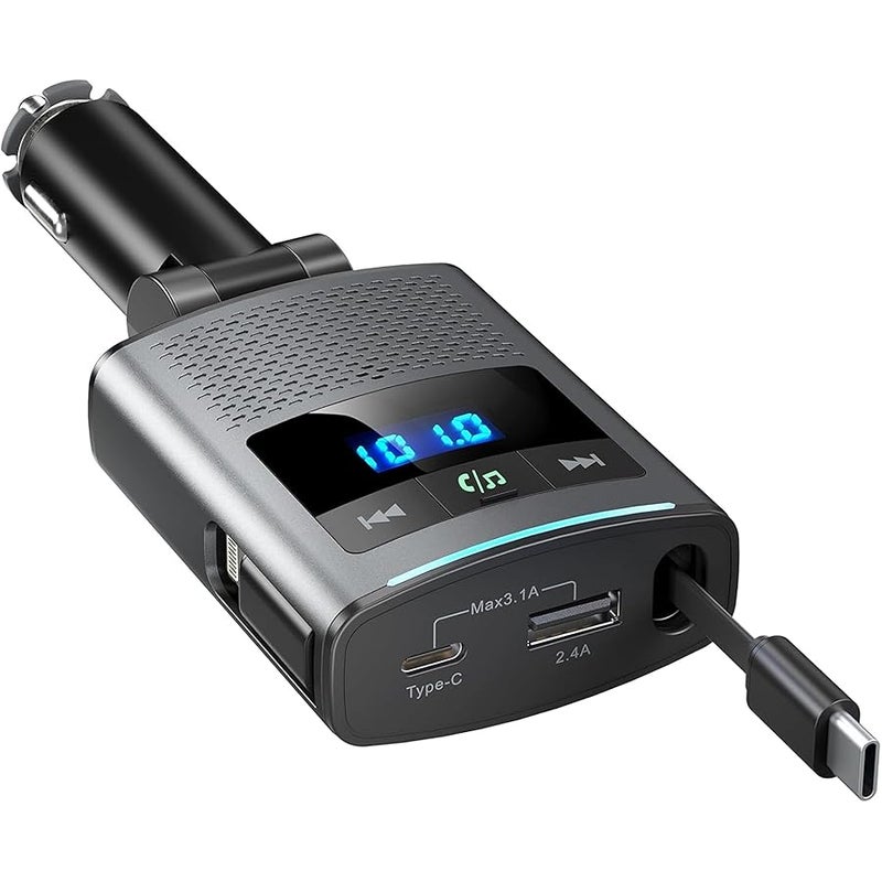 شاحن سيارة قابل للسحب 80.5 واط، محول سيارة بلوتوث 5.3 بثلاثة منافذ شحن سريع USB-C، USB A، محول Lightning، جهاز إرسال FM لإجراء مكالمات بدون استخدام اليدين متوافق مع iPhone، Switch، والمزيد (رمادي) - Image 1