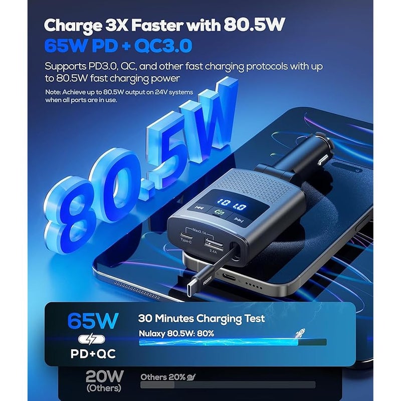 شاحن سيارة قابل للسحب 80.5 واط، محول سيارة بلوتوث 5.3 بثلاثة منافذ شحن سريع USB-C، USB A، محول Lightning، جهاز إرسال FM لإجراء مكالمات بدون استخدام اليدين متوافق مع iPhone، Switch، والمزيد (رمادي) - Image 3