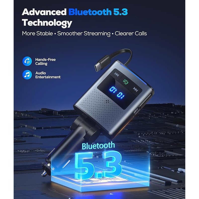 شاحن سيارة قابل للسحب 80.5 واط، محول سيارة بلوتوث 5.3 بثلاثة منافذ شحن سريع USB-C، USB A، محول Lightning، جهاز إرسال FM لإجراء مكالمات بدون استخدام اليدين متوافق مع iPhone، Switch، والمزيد (رمادي) - Image 2