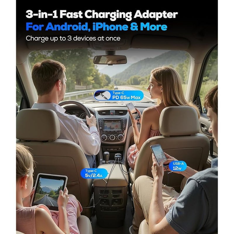 شاحن سيارة قابل للسحب 80.5 واط، محول سيارة بلوتوث 5.3 بثلاثة منافذ شحن سريع USB-C، USB A، محول Lightning، جهاز إرسال FM لإجراء مكالمات بدون استخدام اليدين متوافق مع iPhone، Switch، والمزيد (رمادي) - Image 4