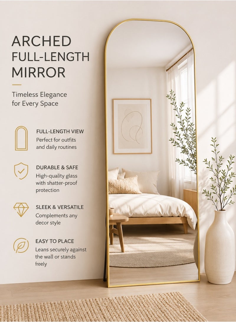 Vphom Full-Length Arched Floor Mirror (71" x 28") – Premium Gold Aluminum Alloy Frame, HD Glass Full Body Mirror | Elegant Rounded Top Design for Bedroom, Living Room & Dressing Area | Freestanding, Wall-Mounted, or Leaning (180 x 70 cm) - Image 1