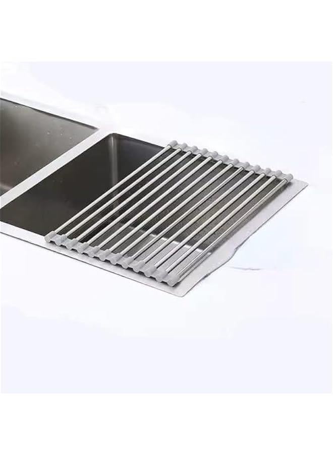 Roll Up Dish Drying Rack, Sink Drying Rack Over Sink Dish Drying Rack Stainless Steel Foldable Drain Rack for Kitchen Sink Counter Utensils Vegetables and Fruits (Grey short tube,12 tubes)  - Image 1