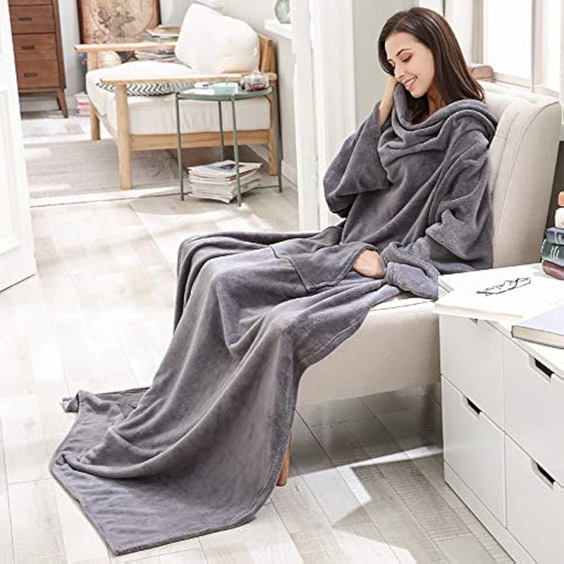 Loquat Wearable Blanket, Super Soft TV Blanket for Adult Women and Men, Warm Comfy Large Fleece Plush Wrap Robe Blanket with Sleeves Arms, Grey , 150 x 180 cm - Image 2