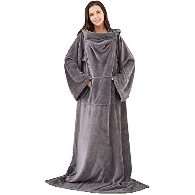 Loquat Wearable Blanket, Super Soft TV Blanket for Adult Women and Men, Warm Comfy Large Fleece Plush Wrap Robe Blanket with Sleeves Arms, Grey , 150 x 180 cm - Image 1
