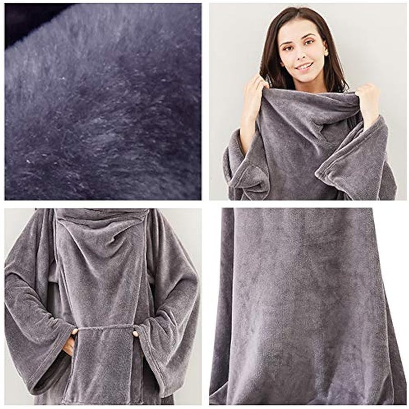 Loquat Wearable Blanket, Super Soft TV Blanket for Adult Women and Men, Warm Comfy Large Fleece Plush Wrap Robe Blanket with Sleeves Arms, Grey , 150 x 180 cm - Image 4