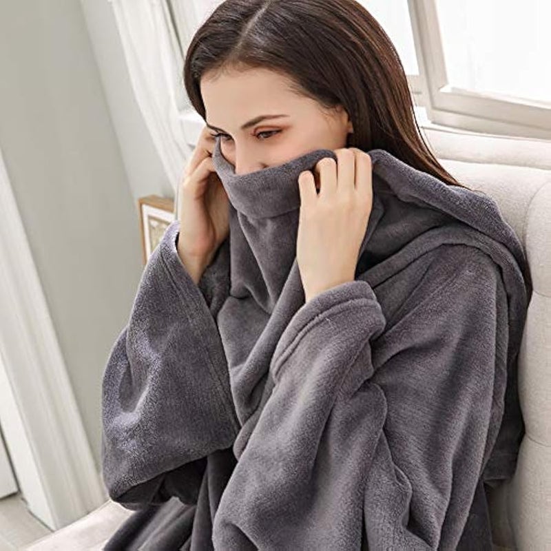 Loquat Wearable Blanket, Super Soft TV Blanket for Adult Women and Men, Warm Comfy Large Fleece Plush Wrap Robe Blanket with Sleeves Arms, Grey , 150 x 180 cm - Image 3