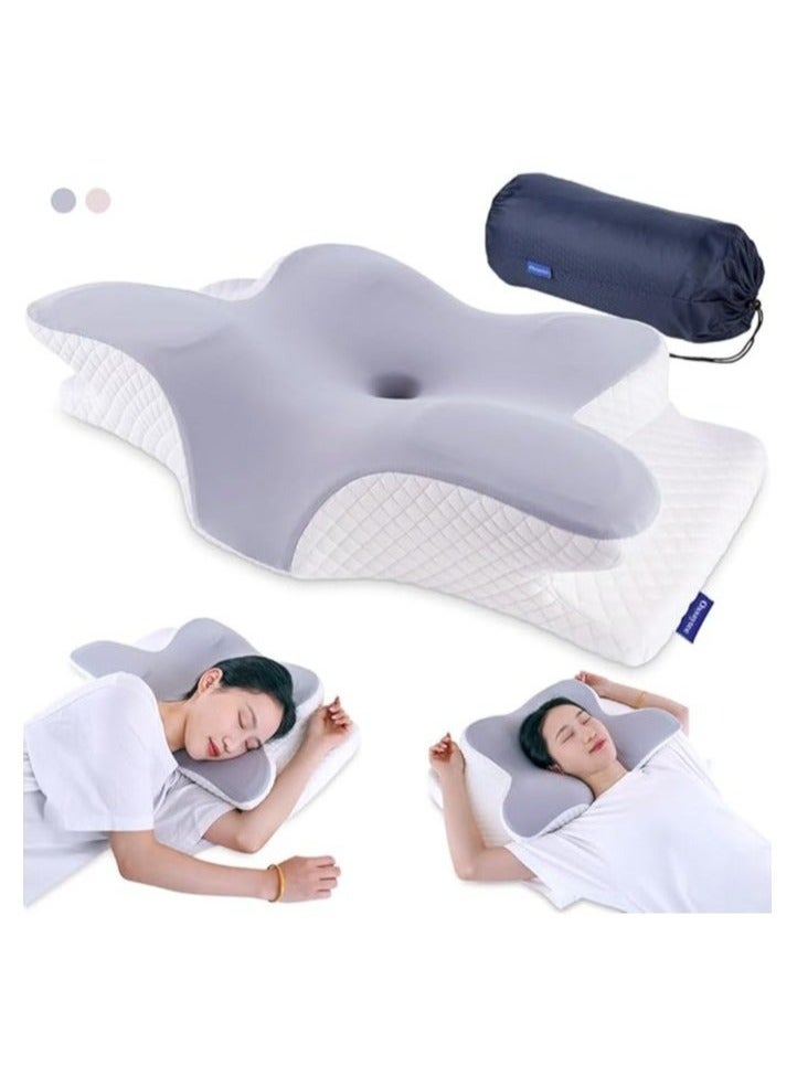 Memory Foam Butterfly-Shaped Cervical Pillow for Neck & Shoulder Pain Relief, Ergonomic Support for Side, Back & Stomach Sleepers, Washable Grey Cover - Image 1
