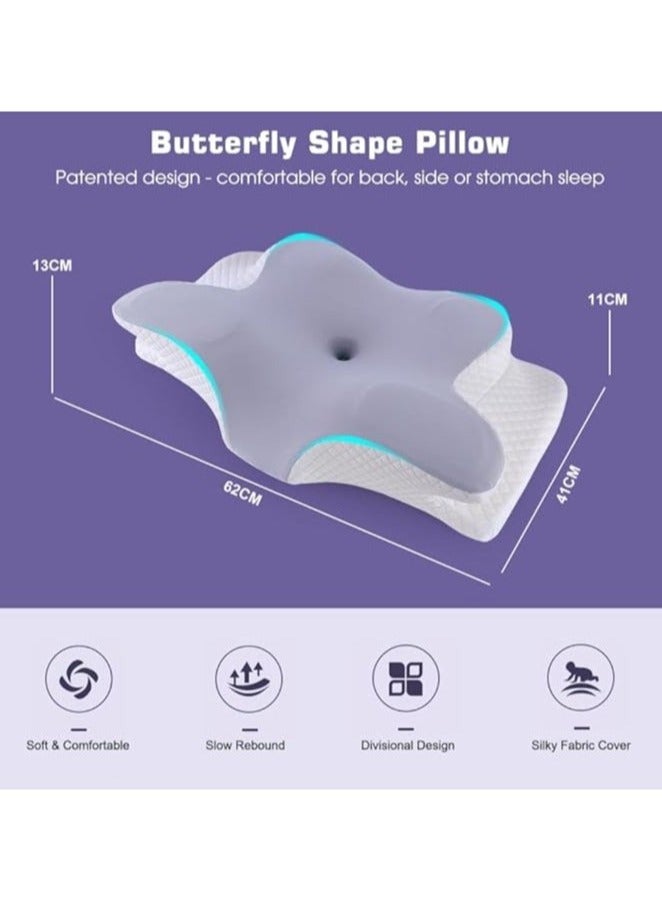 Memory Foam Butterfly-Shaped Cervical Pillow for Neck & Shoulder Pain Relief, Ergonomic Support for Side, Back & Stomach Sleepers, Washable Grey Cover - Image 4