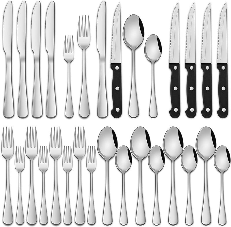 Dehov 24-Piece Silverware Set with Steak Knives,Flatware Set Service for 4 Person, Food-Grade Stainless Steel Cutlery Set,Includes Knife Spoon And Fork, Mirror Finished Utensil Sets for Home Restaurant - Image 1