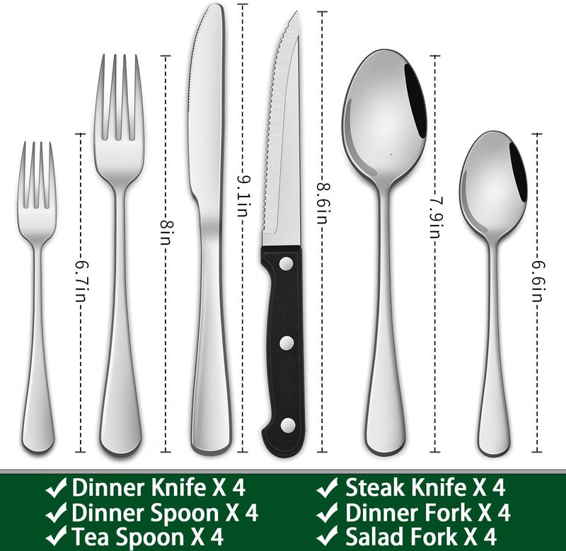 Dehov 24-Piece Silverware Set with Steak Knives,Flatware Set Service for 4 Person, Food-Grade Stainless Steel Cutlery Set,Includes Knife Spoon And Fork, Mirror Finished Utensil Sets for Home Restaurant - Image 2