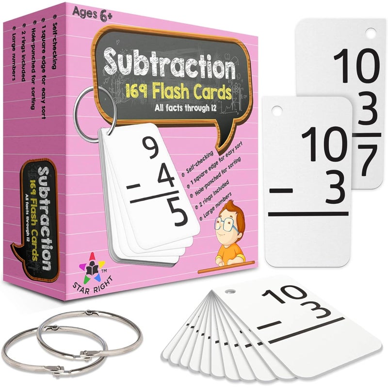 Star Right Subtraction Flashcards with 2 Metal Binder Rings  169 Self Checking Flashcards  for Ages 6 and Up - Image 2