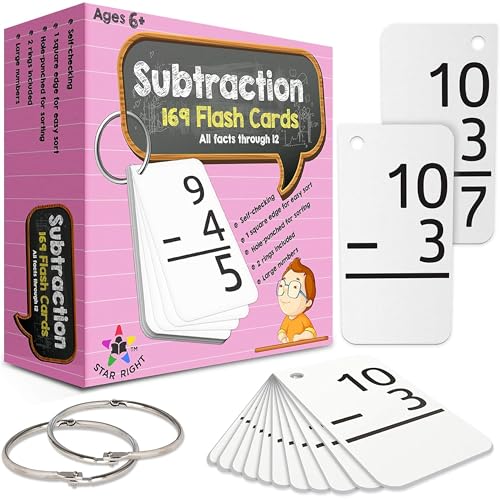 Star Right Subtraction Flashcards with 2 Metal Binder Rings  169 Self Checking Flashcards  for Ages 6 and Up - Image 1
