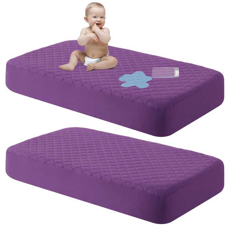 NTBAY 2 Pack Waterproof Mini Crib Mattress Protector  Quilted 24""x38"" Fitted Mattress Cover - Machine Washable - Soft and Breathable Baby Mattress Pad Sheet for Mini Crib and Baby Playards  Purple - Image 1