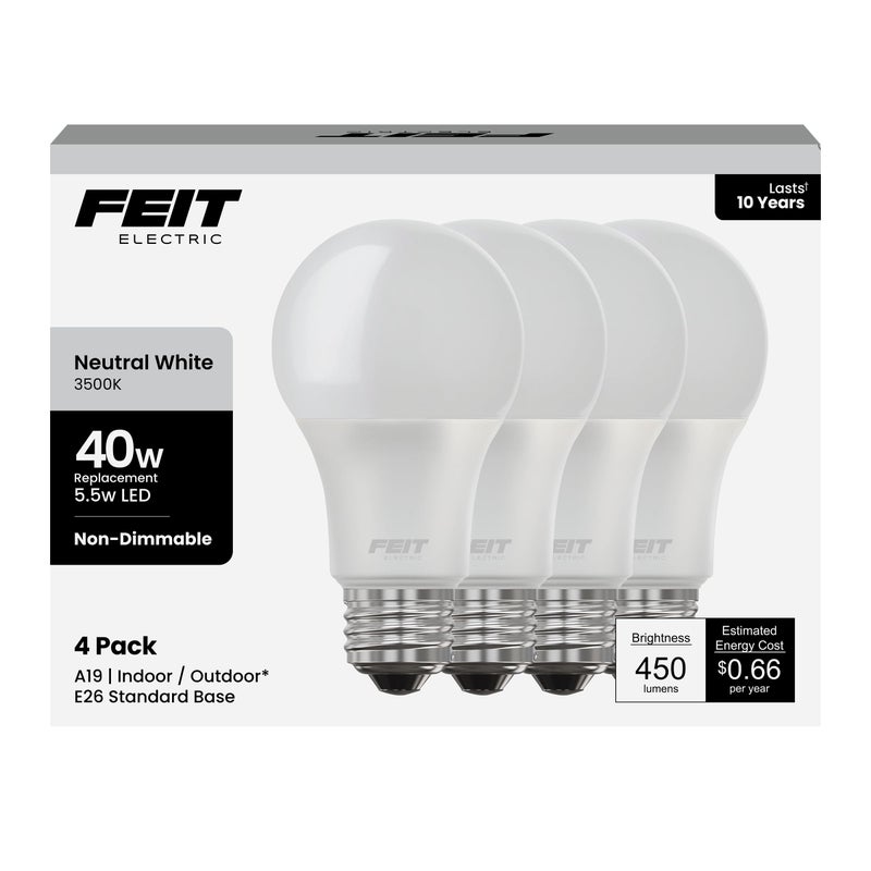 Feit Electric A19 LED Light Bulb, 40-Watt Equivalent, 3500K Neutral White, E26 Base, 450 Lumens, 11,000-Hour Lifespan, General-purpose Residential or Commercial Applications, A450/835/10KLED/4, 4-Pack - Image 1