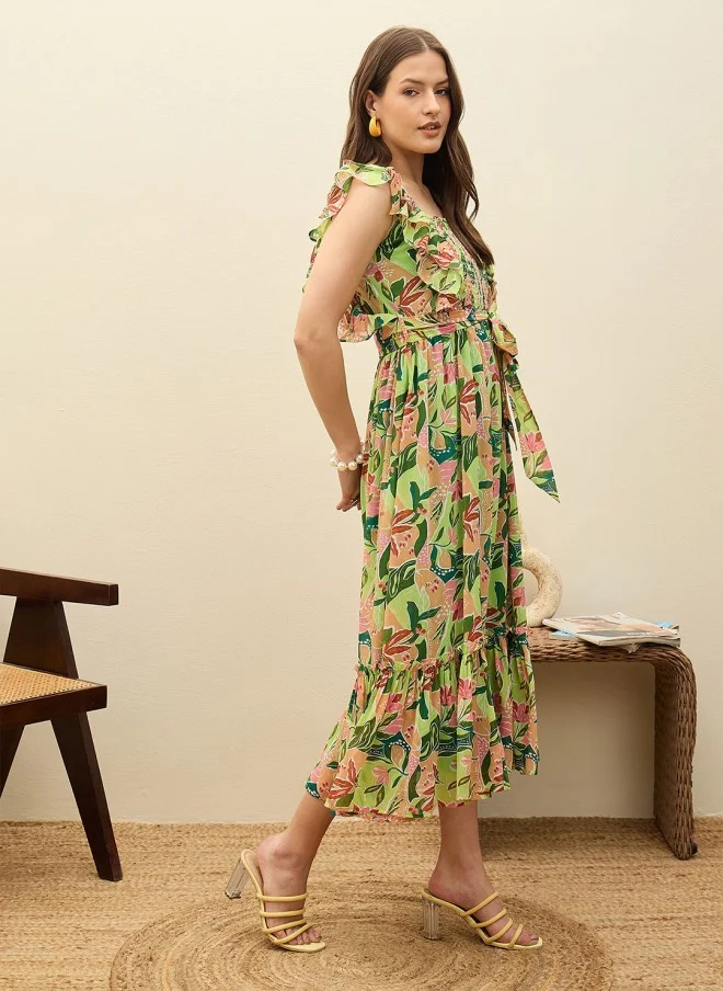 SASSAFRAS Floral Print Georgette Maxi Dress for Women