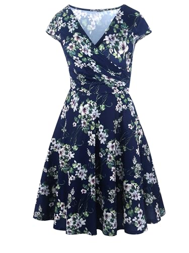 oxiuly Women's Criss-Cross V-Neck Cap Half Sleeve Floral Casual Work Party Tea Swing Dress OX233 (2XL, Blue Green F) - Image 2