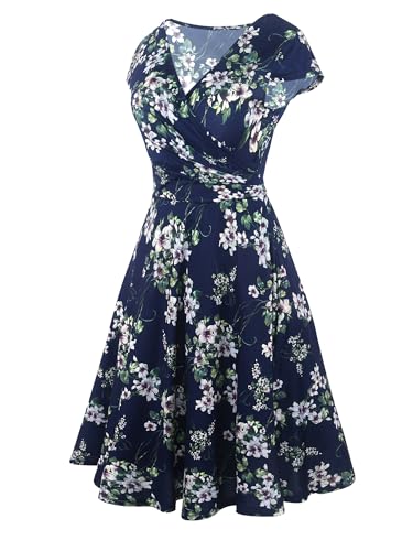 oxiuly Women's Criss-Cross V-Neck Cap Half Sleeve Floral Casual Work Party Tea Swing Dress OX233 (2XL, Blue Green F) - Image 3
