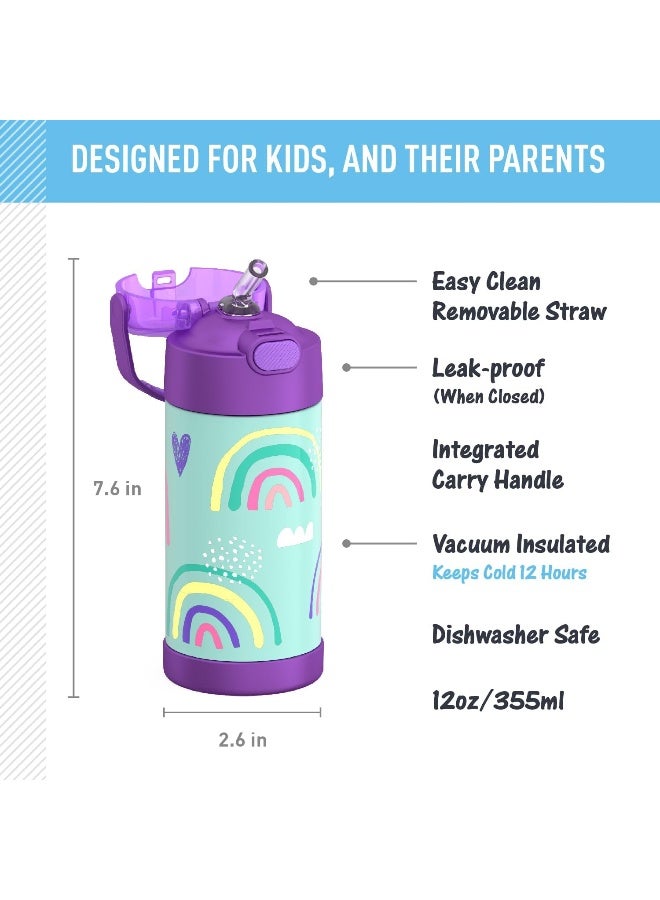 THERMOS زجاجة ترموس فنتاينر من الفولاذ المقاوم للصدأ للأطفال بتصميم قوس قزح 355 مل، F40123Ra، زجاجة ماء للأطفال مع شفاطة، زجاجة عازلة، زجاجة ترطيب مع غطاء - Image 2