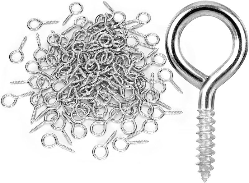 AUGHOA 1 Inch Silver Screw Eyes, 100 Pcs Metal Screw Hooks, Self Tapping Eyelet Bolts for Wood, Hanging Artwork - Image 1