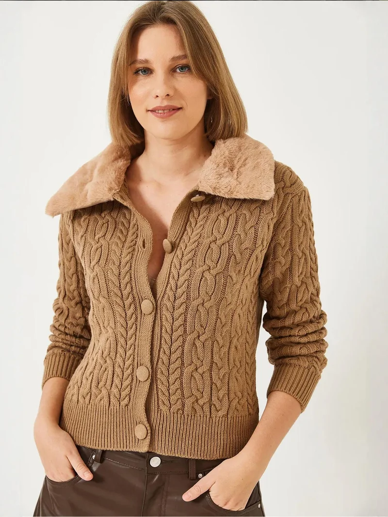 Bianco Lucci LUCCI Textured Faux Fur Shawl Collar Cardigan