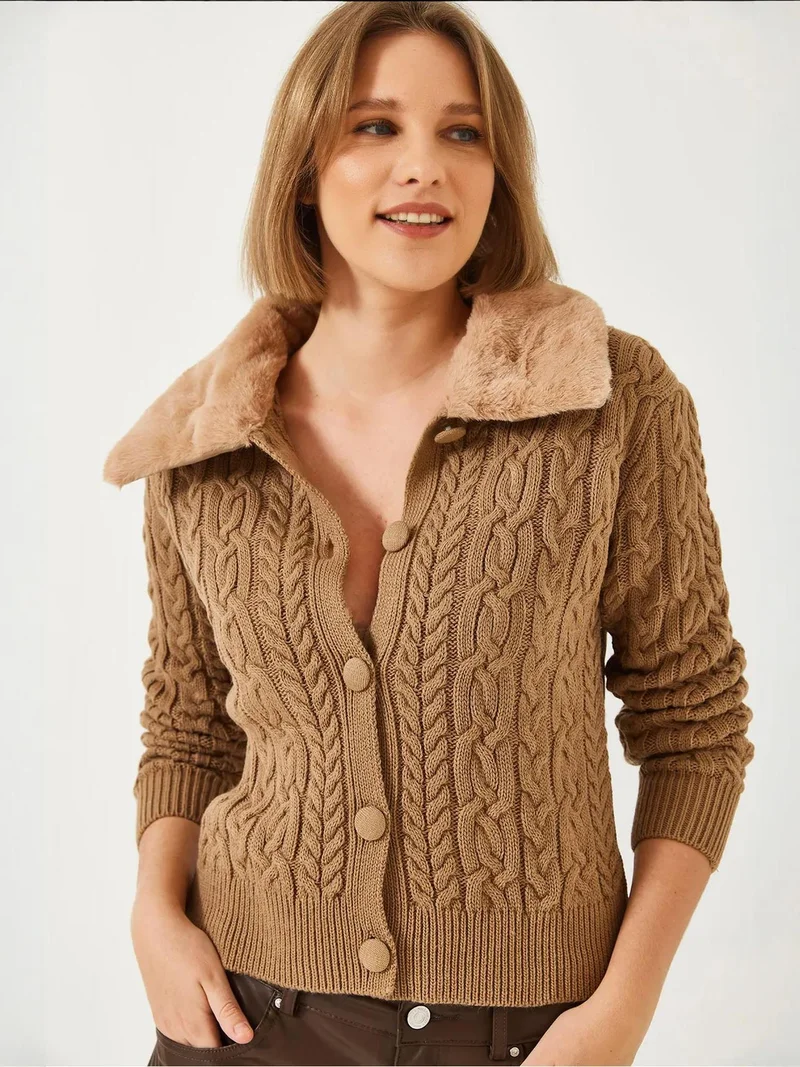 LUCCI Textured Faux Fur Shawl Collar Cardigan