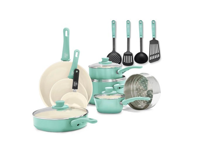 SOFT GRIP HEALTHY CERAMIC NONSTICK 16 PIECE KITCHEN COOKWARE POTS AND FRYING SAUCE PANS SET PFASFREE DISHWASHER SAFE TURQUOISE