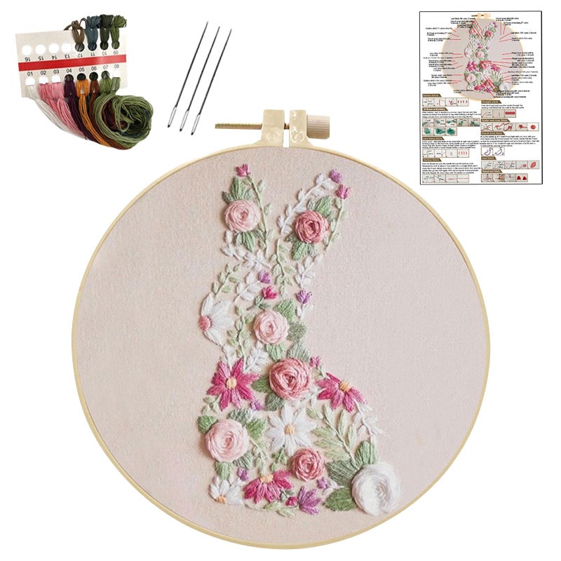 YOUDRN Bunny in Bloom Easter Embroidery Kit for Beginners, Embroidery Kits for Adults,DIY Hand Bunny Embroidery Easter Cross Stitch Starter Set with Pattern,Threads,Needles,Instruction,20cm Hoop - Image 1