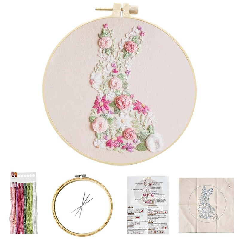 YOUDRN Bunny in Bloom Easter Embroidery Kit for Beginners, Embroidery Kits for Adults,DIY Hand Bunny Embroidery Easter Cross Stitch Starter Set with Pattern,Threads,Needles,Instruction,20cm Hoop - Image 4