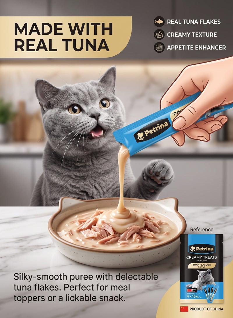 Petrina Creamy Treats for Cats Tuna Flavor – 15g Lickable Puree Sachets (Pack of 6, Total 24 Treats) | High Protein Real Tuna Reward Wet Cat Food | Rich in Omega-3, Taurine & Vitamin E Cat Treat for Kitten & Adult Cats | 360g Value Pack - Image 3