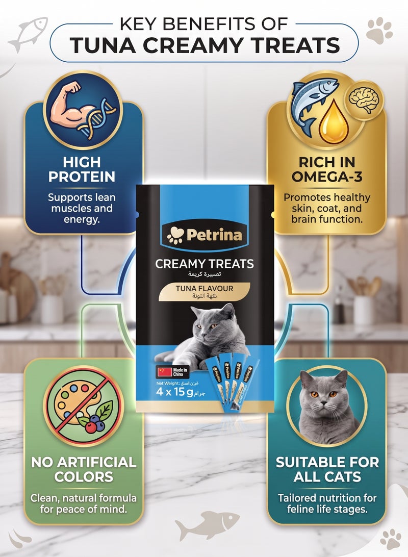 Petrina Creamy Treats for Cats Tuna Flavor – 15g Lickable Puree Sachets (Pack of 6, Total 24 Treats) | High Protein Real Tuna Reward Wet Cat Food | Rich in Omega-3, Taurine & Vitamin E Cat Treat for Kitten & Adult Cats | 360g Value Pack - Image 4