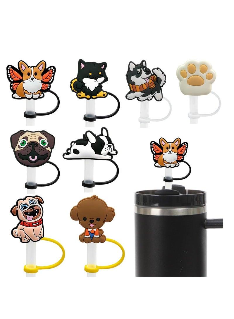 Straw Covers Cap Toppers, 8 Pcs Straw Cover for Stanley Cup, Silicone Straw Covers Cap Reusable Drinking Straw Topper Compatible, for Stanley Cups Accessories (0.4in, Dog) - Image 1
