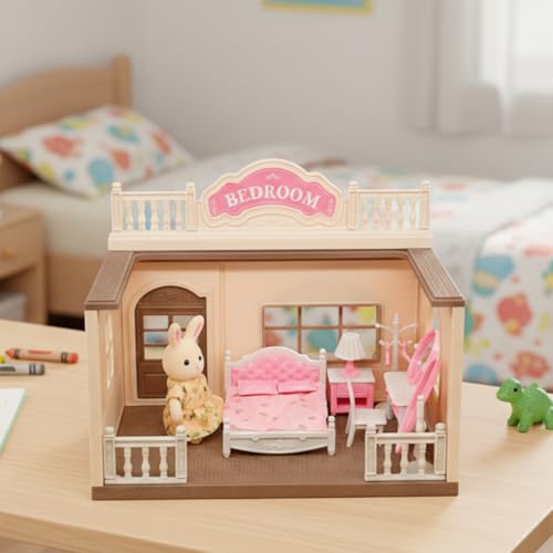 OLEOCA Family Bedroom Doll House Cozy Cabin with Bunny Figure Bed Vanity Accessories Complete Modular Dollhouse Playset for Creative Pretend Play Ages 3 - Image 5