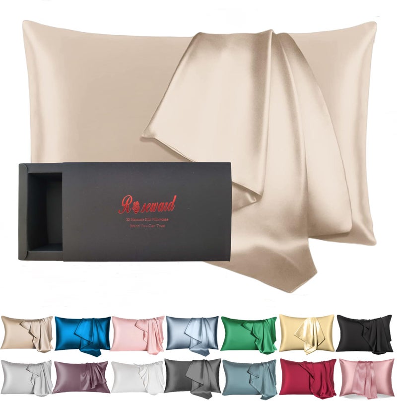 ROSEWARD Beige Silk Pillowcase for Curly Hair and Skin Made in USA  22 Momme Organic Silk Pillow Cases Standard Size with Zipper  6A Grade Real Silk Pillowcase for Face Wrinkles  Anti Acne (Standard  Beige) - Image 1