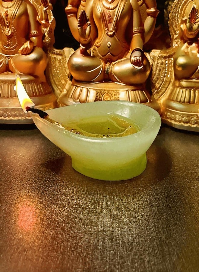 Shivkosha Handmade Green Aventurine Gemstone Diya for Diwali, Puja, and Home Decoration | Eco-Friendly Gift Pack (1, Oval) - Image 1
