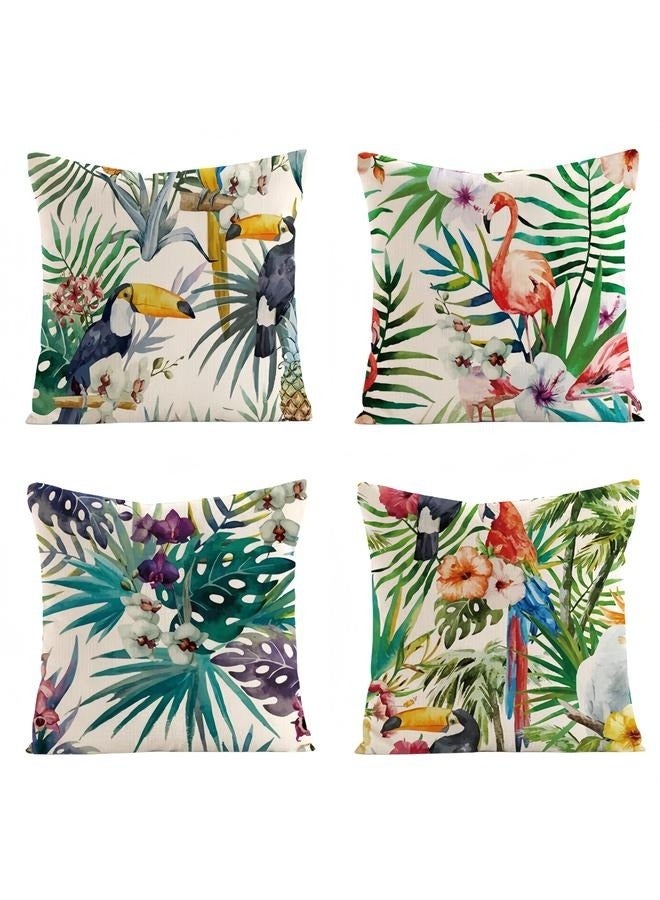 Generic Throw Pillow Covers Spring Summer Decorative Outdoor Linen Fabric Pillow Case for Couch Bed Car Home 45x45 cm,Set of 4 Flowers and Flamingo - Image 1