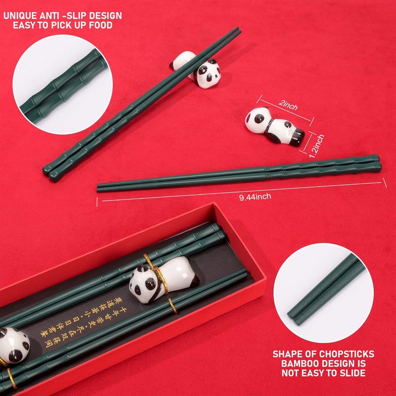 Young Dance Non-slip Chopsticks and Chopstick Rest Gift Set, 2 Pairs Reusable Panda Chopsticks with Red Gift Case, Dishwasher Safe Chopsticks with Cute Panda Holders for Thanksgiving Day, Christmas(Green） - Image 2