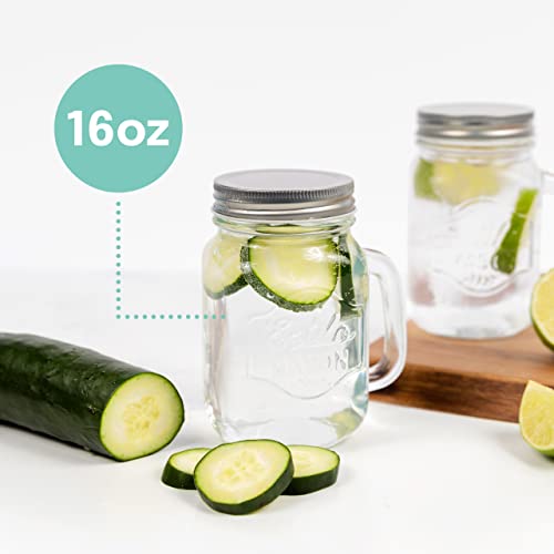 Estilo Mason Jar, 16 oz, Set of 6, Glass Drinking Cups with Handles, Tin Lids, Overnight Oats Jars, Smoothie Cups - Image 2
