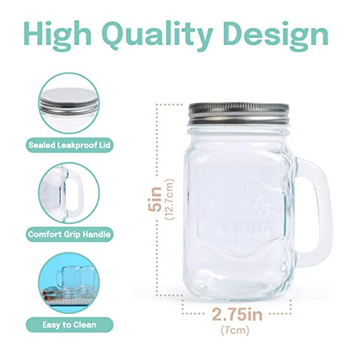 Estilo Mason Jar, 16 oz, Set of 6, Glass Drinking Cups with Handles, Tin Lids, Overnight Oats Jars, Smoothie Cups - Image 4